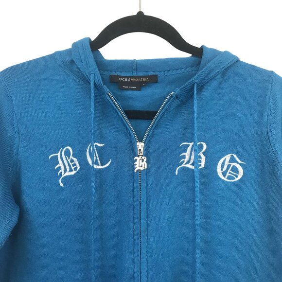 BCBGMaxAzria Blue Hooded Zip-Up Sweater Embroidered Letters Studded Size L Y2K - Picture 5 of 10